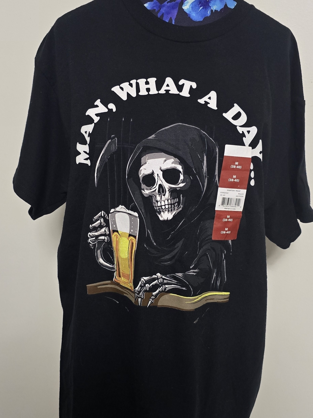 Man, What A Day! Black Graphic Tee with Grim Reaper and Beer